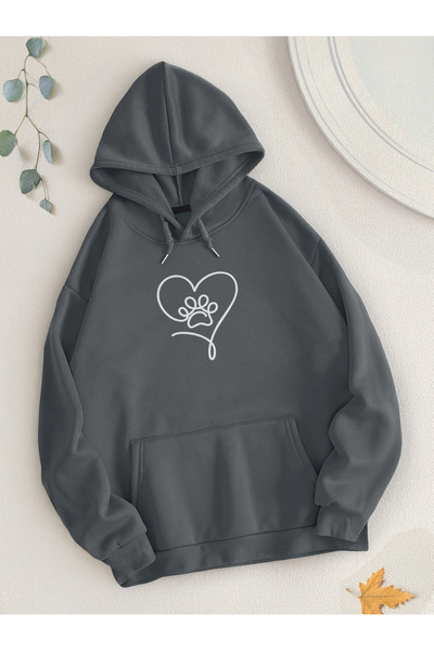 De Carte Paw Heart Printed Basic Seasonal Hooded Unisex Sweatshirt