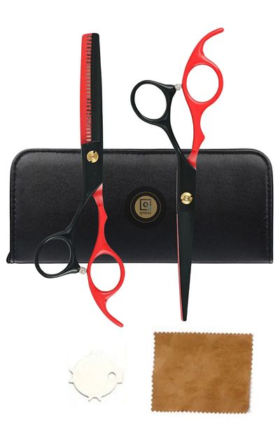 QNİAY 5-Piece Leather with Carry Bag Red-Black Intermediate and Flat Scissors Set 6.5Inch Barber Prof Hairdresser Cut Set