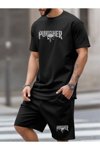 DEEPSENCE طقم تي شيرت وشورت أسود للرجال مكون من قطعتين - Punisher