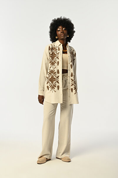 Orfeo Negro Cămașă de damă NATUR COLOR MARO BRODATĂ CU TĂIȘTIRE OVERSIZE