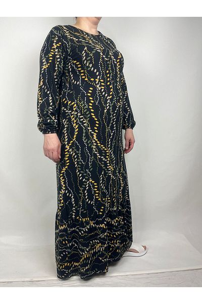 YAŞAR TRİKO Women's Black Green Mustard Crew Neck Long Sleeve Sleeve Ankles Elastic Ruffled Hem Mother Dress