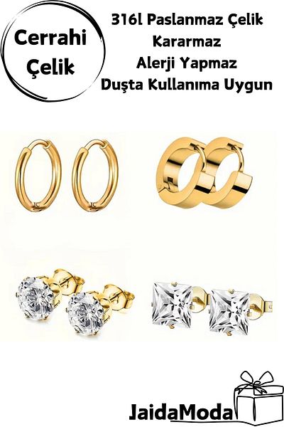 Jaida Moda Unisex Surgical Steel 4 Pairs Earrings Set