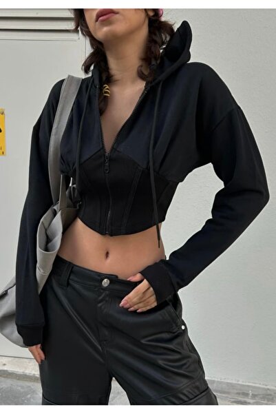 DarkellaStore Hanorac crop cu glugă cu fermoar în formă de V Y2K