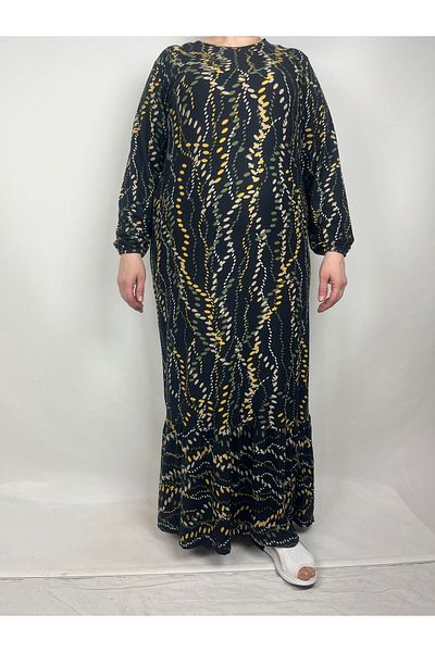 YAŞAR TRİKO Women's Black Green Mustard Crew Neck Long Sleeve Sleeve Ankles Elastic Ruffled Hem Mother Dress