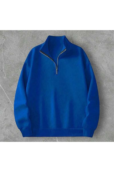 DWN WEAR Unisex Relax Fit Relaxed Cut Cotton Half Zipper Stand Collar Sweatshirt