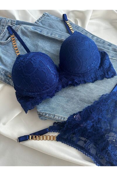 Gold Night Kadın Mavi Dantelli Zincir Detaylı Balenli Destekli Dolgulu Sütyen Takımı Iç Çamaşırı Takımı