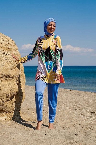 Marina Rivamera 3-piece Blue Leaf Patterned Full Covered Hijab Swimsuit - R1110