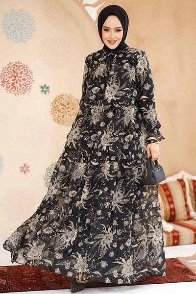 Neva Style Rochie din șifon hijab neagră cu imprimeu floral 23603S