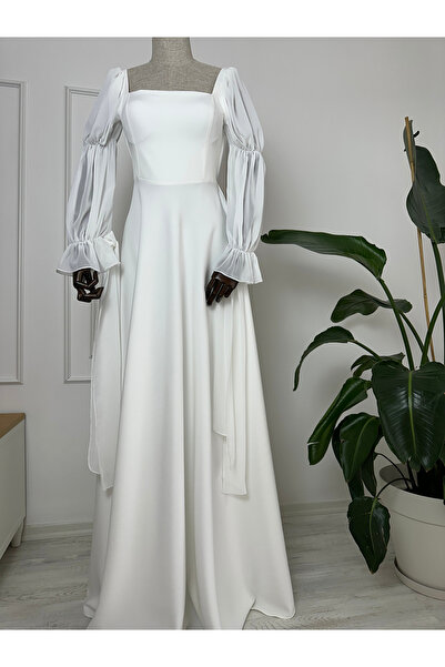 Pınar moda evi kare yaka şifon kollu arkası bağlamalı krep nişan nikah dış çe...