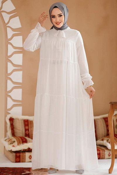 Neva Style Rochie din șifon hijab alb plisat 23601B