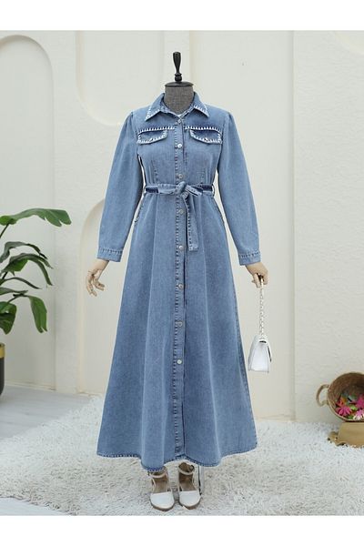 Modamorfo Rochie de blugi - cu detaliu de broderie si curea