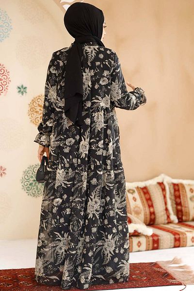 Neva Style Rochie din șifon hijab neagră cu imprimeu floral 23603S