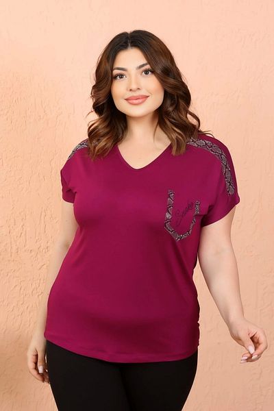 Bİ.GİYSEN Women's Plus Size Plum Shoulder Crystal Stone Lycra Blouse