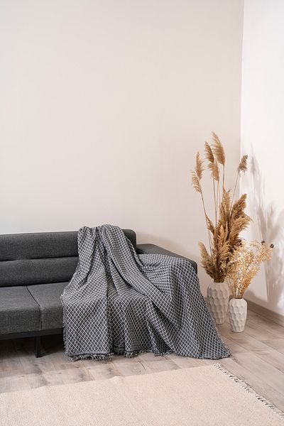 Magu Natural Cotton Black Square Patterned Woven Sofa Cover