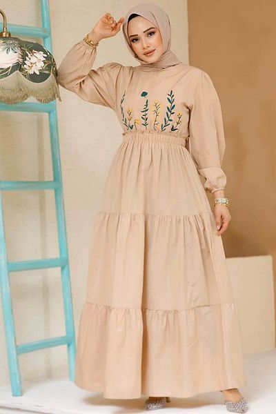 Neva Style Beige Hijab Dress - Embroidery Pattern, Model 7063Beige