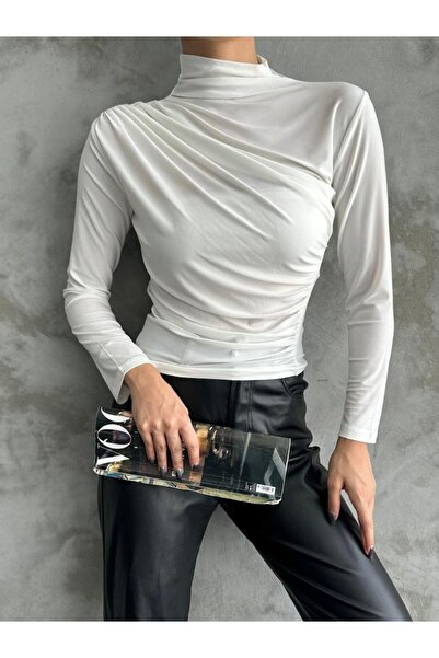 dignus Drapeli Beyaz Dik Yaka Bluz