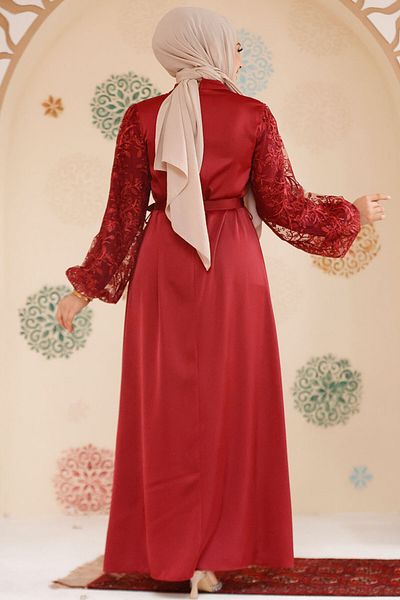 Neva Style Balloon Sleeve Burgundy Hijab Evening Dress 61512Br