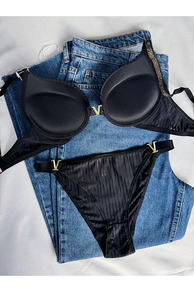 Beyaz Gelincik Underwear Γυναικείο Σετ Εσώρουχα Σετ Σουτιέν με ριγέ μαύρη πέτρα V Model Push Up Underwire
