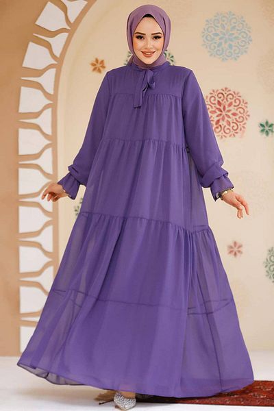 Neva Style Rochie din șifon plisat hijab liliac închis - 23601KLILA