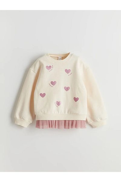 LC Waikiki Lcw Kids Ecru Printed Thick Girls' Sweatshirt and Leggings 2-Piece
