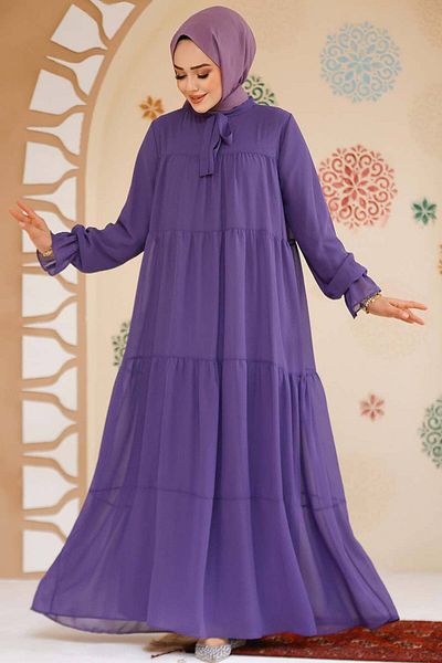 Neva Style Rochie din șifon plisat hijab liliac închis - 23601KLILA