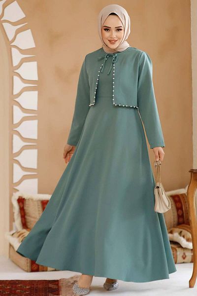 Neva Style Green Hijab Dress and Jacket Set - 61462Cy