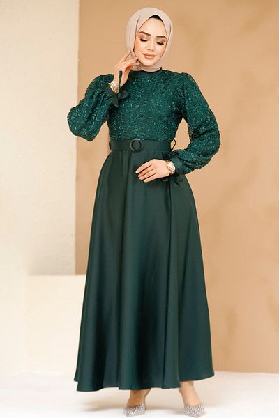 Neva Style Beaded Emerald Green Satin Hijab Evening Dress 6176Zy