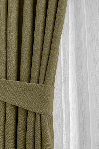 Özgün Perde Haki Şık Doğal Keten Fon Perde - Tek Kanat ve Bağlama Koluyla Ber...