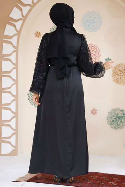 Neva Style Balloon Sleeve Black Hijab Evening Dress 61671S