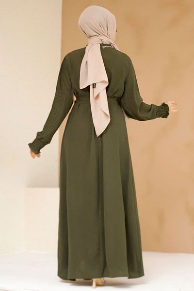 Neva Style فستان حجاب كاكي بأكمام مطوية 10124HK