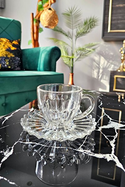 Gülümseten Avm 6 Lı Cam Çay Fincan Seti | Origami Desen Çay Fincanı | Çizgili...