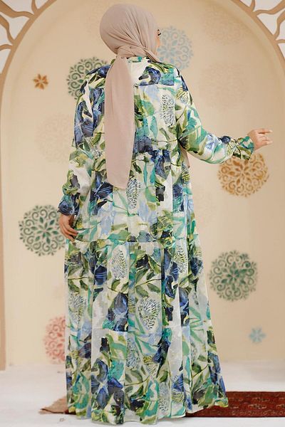 Neva Style Floral Print Indigo Blue Hijab Chiffon Dress 23604Im