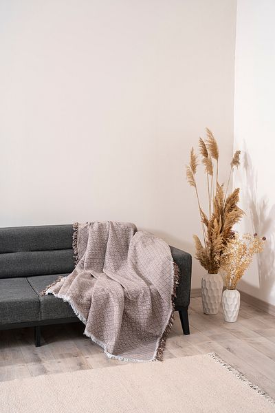 Magu Natural Cotton Brown Geometric Patterned Woven Sofa Cover
