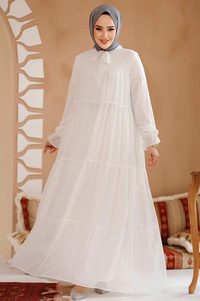 Neva Style Rochie din șifon hijab alb plisat 23601B
