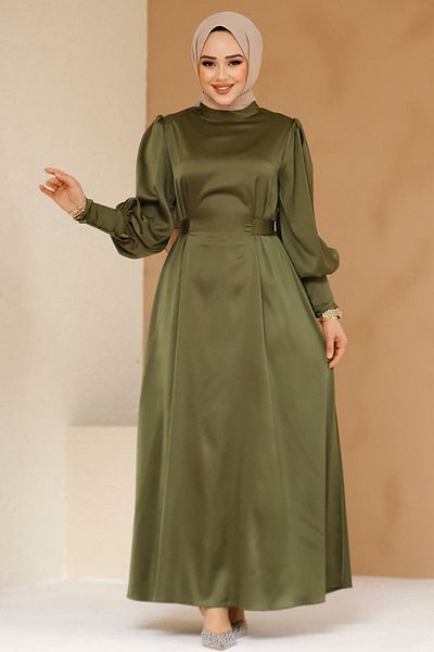 Neva Style فستان سهرة حجاب كاكي من الساتان 61651hk