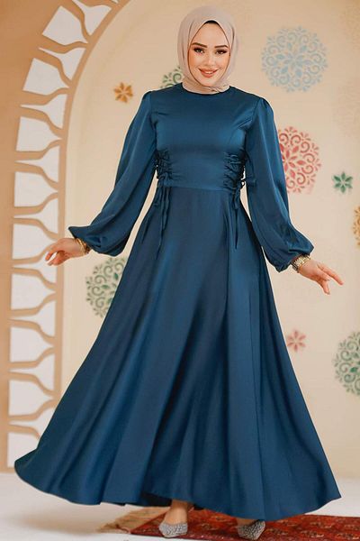 Neva Style Balloon Sleeve Oil Green Satin Hijab Evening Dress 61501Py