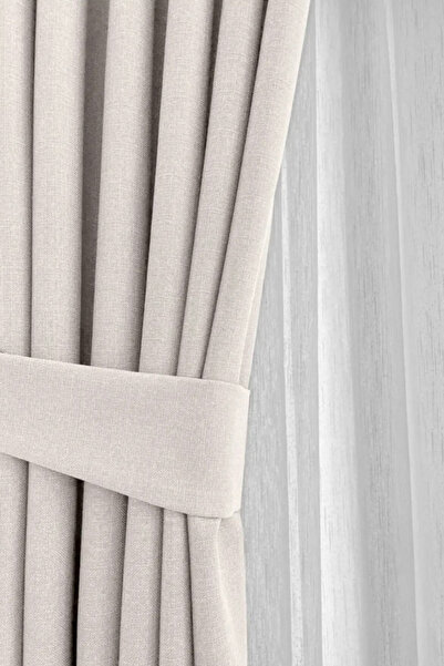 Özgün Perde Krem Şık Doğal Keten Fon Perde - Tek Kanat ve Bağlama Koluyla Ber...