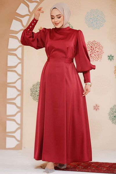 Neva Style Satin Burgundy Hijab Evening Dress 61651Br