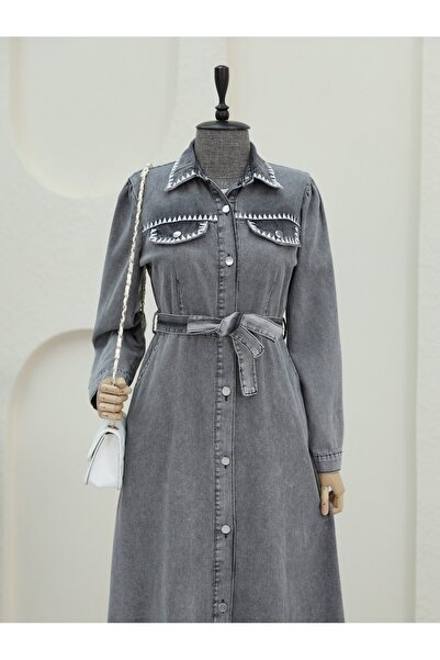 Modamorfo Smoke Color Embroidered Neckline and Belt Detail Denim Dress