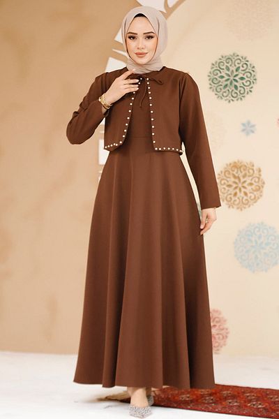 Neva Style Brown Hijab Dress and Jacket Detailed Double Suit - 61462Kh