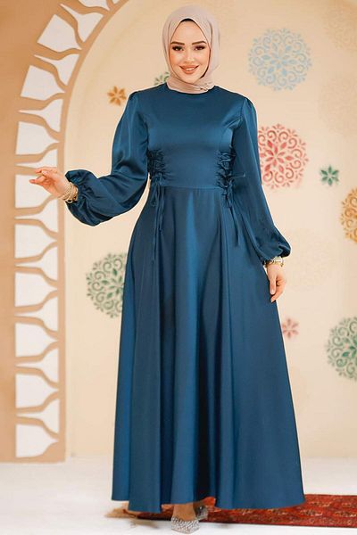 Neva Style Balloon Sleeve Oil Green Satin Hijab Evening Dress 61501Py