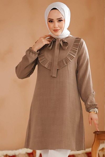 Neva Style تونيك حجاب من فرو المنك الداكن بتفاصيل مكشكشة 6682KV