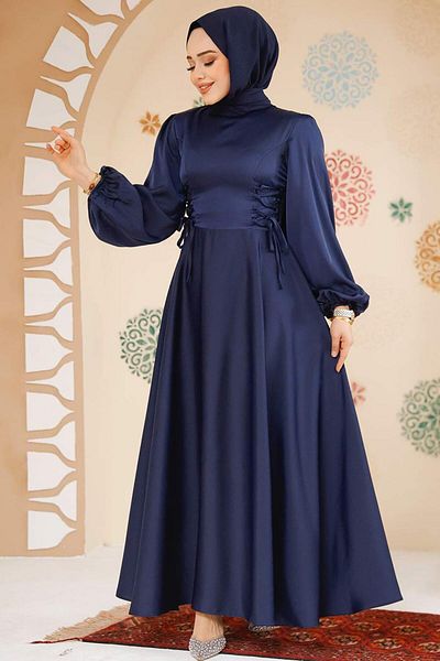 Neva Style Balloon Sleeve Navy Blue Satin Hijab Evening Dress 61501L