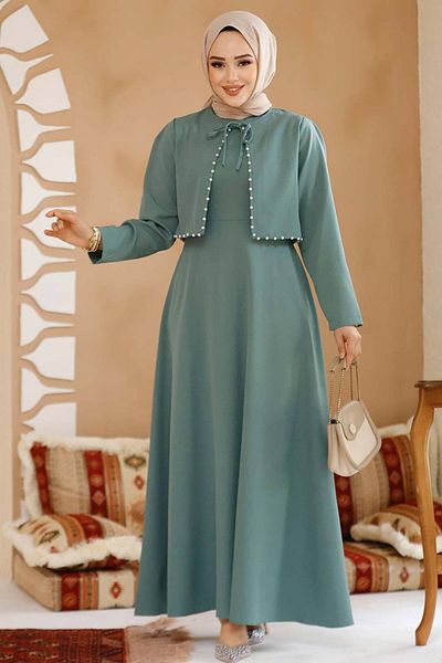 Neva Style Green Hijab Dress and Jacket Set - 61462Cy
