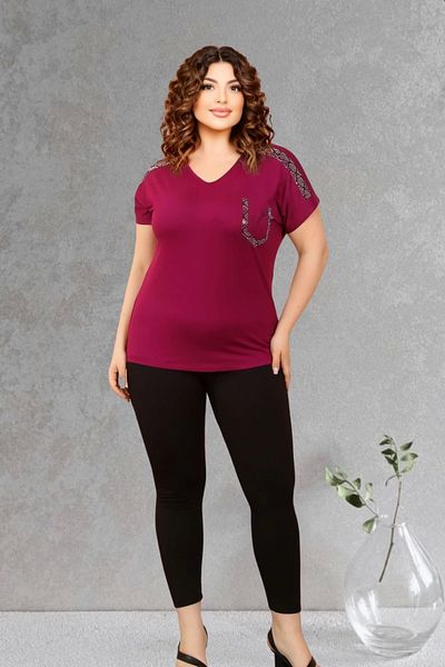 Bİ.GİYSEN Women's Plus Size Plum Shoulder Crystal Stone Lycra Blouse