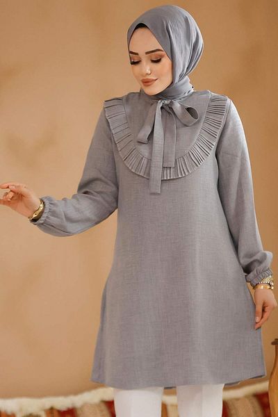 Neva Style Tunica Hijab Gri cu Volane Detaliat 6682GR