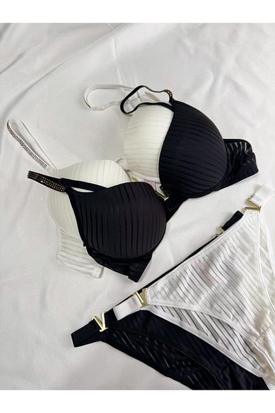 Beyaz Gelincik Underwear Γυναικείο σετ σουτιέν με ριγέ ασπρόμαυρη πέτρα V Model Supported Underwire - Πακέτο δύο κουτιών