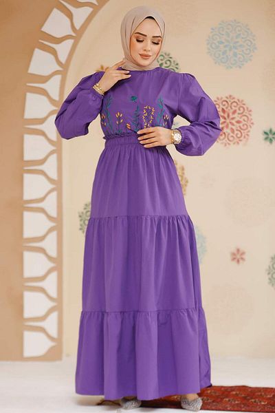 Neva Style Rochie Hijab Mov cu Motiv Broderie 7063MOR