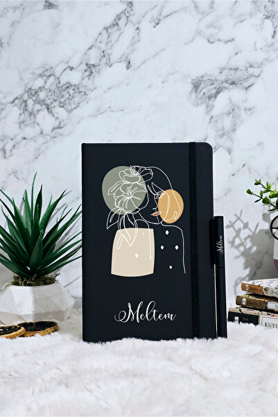 GUPSE Kişiye Özel Woman Line Art Siyah Ajanda & Kalem Hediyeli