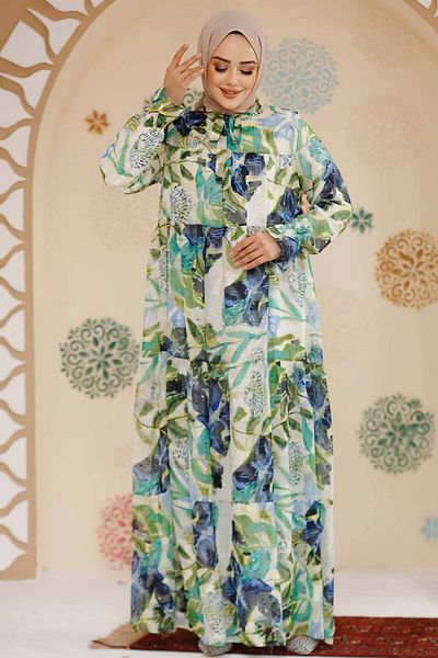 Neva Style Floral Print Indigo Blue Hijab Chiffon Dress 23604Im